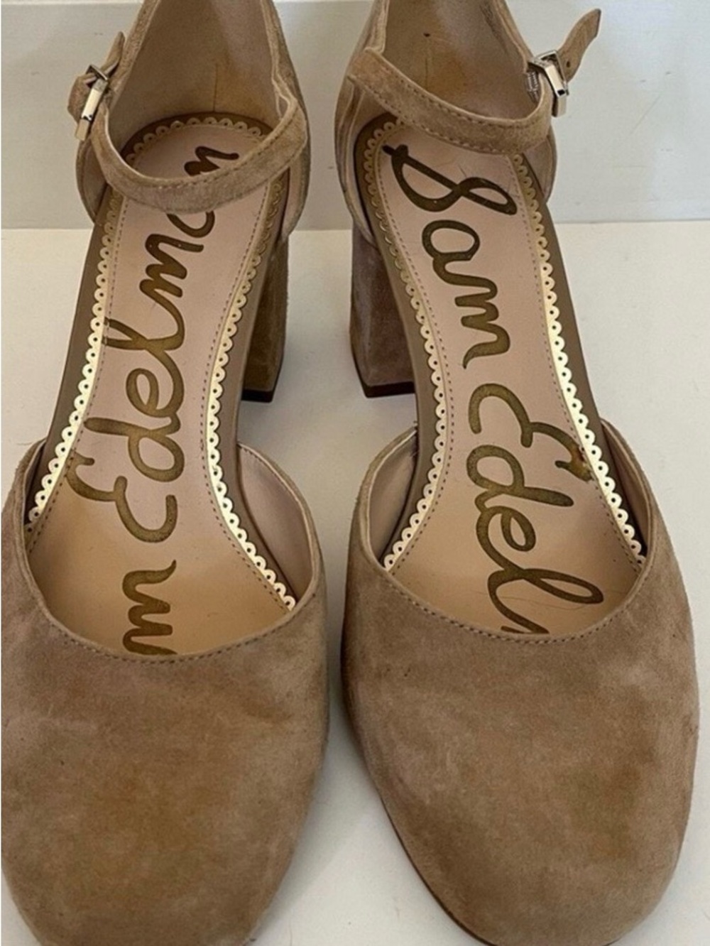 Sam Edelman Suede Ankle-Strap Block Heels in Tan